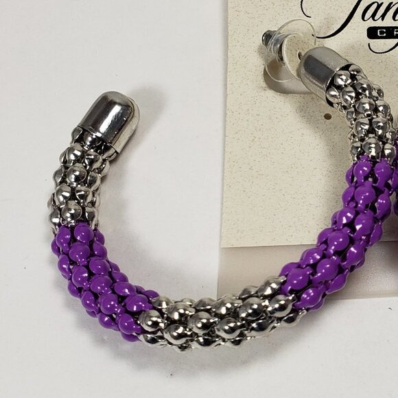 Purple & Silver Braided Beaded Hoop Earrings –Bold Statement Fashion Jewelry - Picture 4 of 9